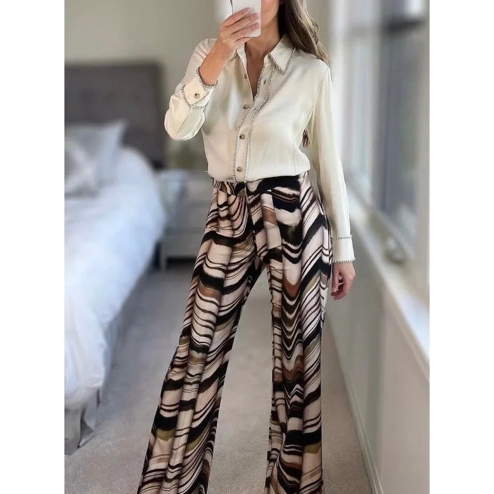 ZARA Printed Flare Pants Brown Green Stripes Blogger Favorite Chic Party X-Small - Picture 7 of 16